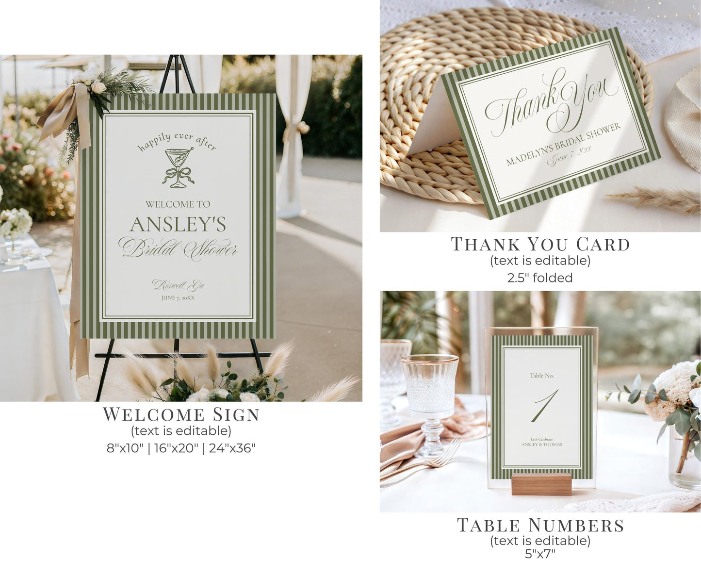 Martini Striped Bridal Shower Template Bundle, Olive Green Old Money Tini Bit Closer Bridal Brunch, Modern Vintage Brunch with Bride, WP1092