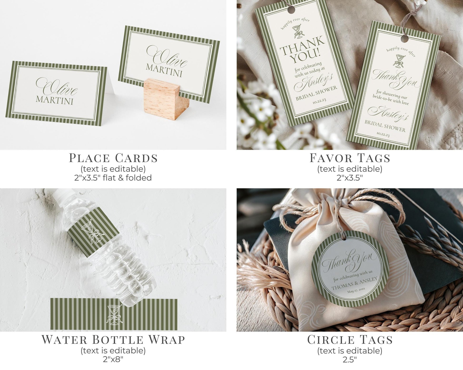 Martini Striped Bridal Shower Template Bundle, Olive Green Old Money Tini Bit Closer Bridal Brunch, Modern Vintage Brunch with Bride, WP1092