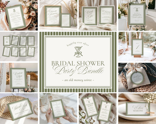 Martini Striped Bridal Shower Template Bundle, Olive Green Old Money Tini Bit Closer Bridal Brunch, Modern Vintage Brunch with Bride, WP1092