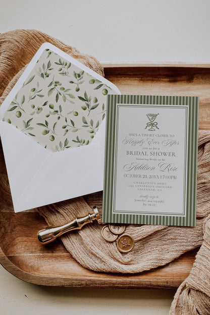 Martini Striped Bridal Shower Template Bundle, Olive Green Old Money Tini Bit Closer Bridal Brunch, Modern Vintage Brunch with Bride, WP1092