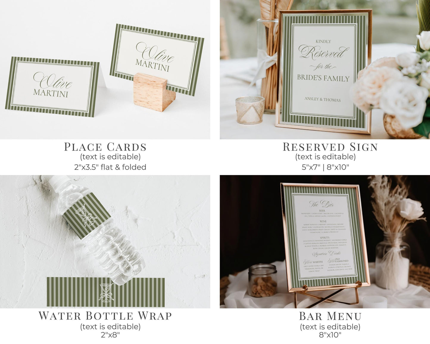 Martini Striped Rehearsal Dinner Template Bundle, Olive Green Old Money Tini Bit Closer Night Before Dinner, Modern Vintage Cocktail WP1092
