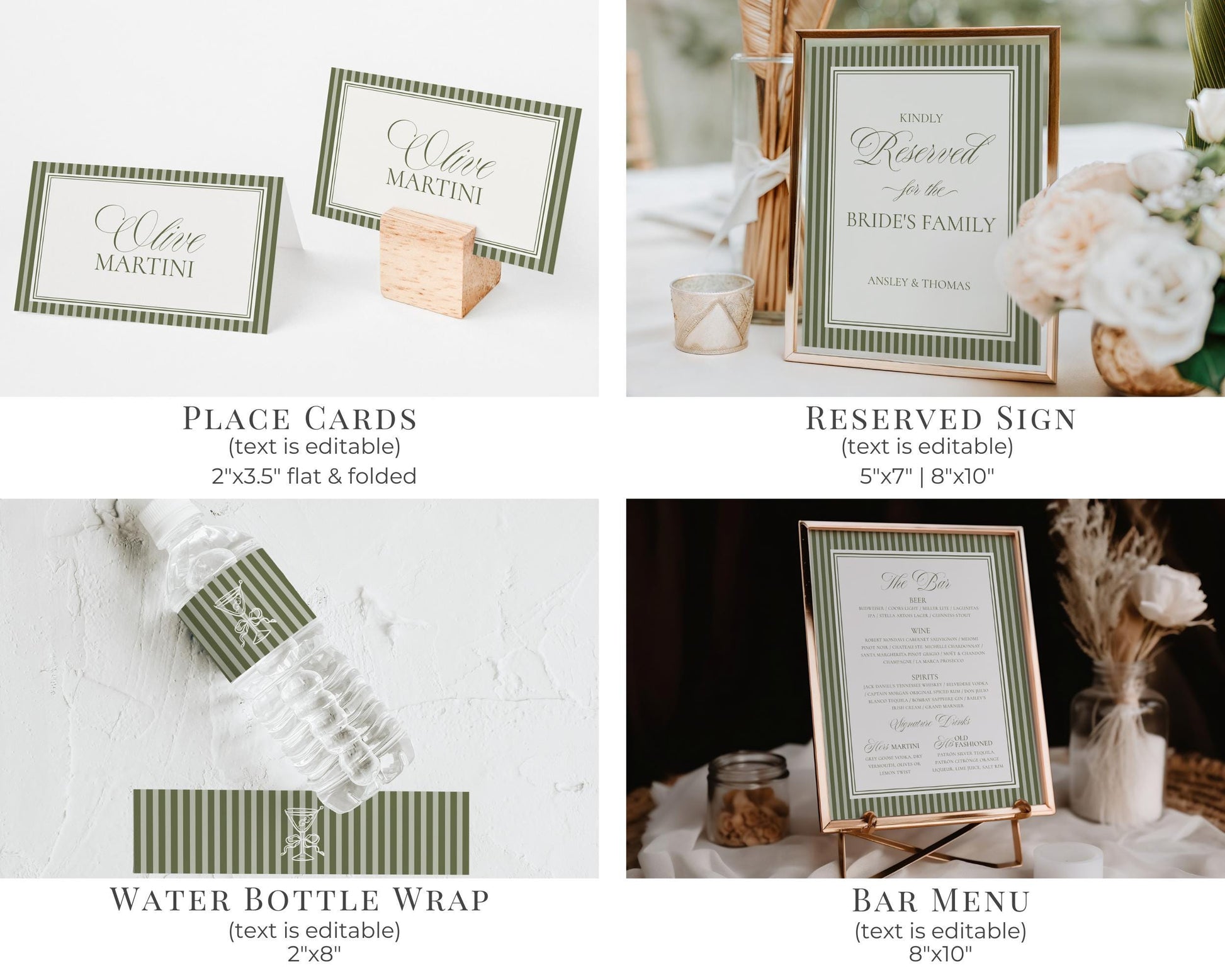 Martini Striped Rehearsal Dinner Template Bundle, Olive Green Old Money Tini Bit Closer Night Before Dinner, Modern Vintage Cocktail WP1092