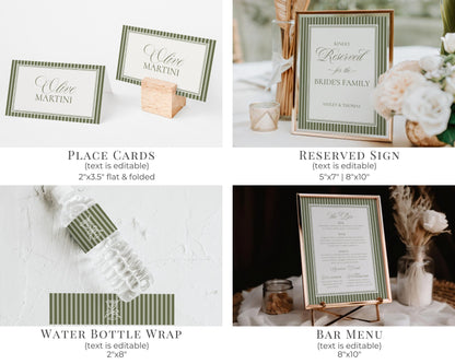 Martini Striped Rehearsal Dinner Template Bundle, Olive Green Old Money Tini Bit Closer Night Before Dinner, Modern Vintage Cocktail WP1092