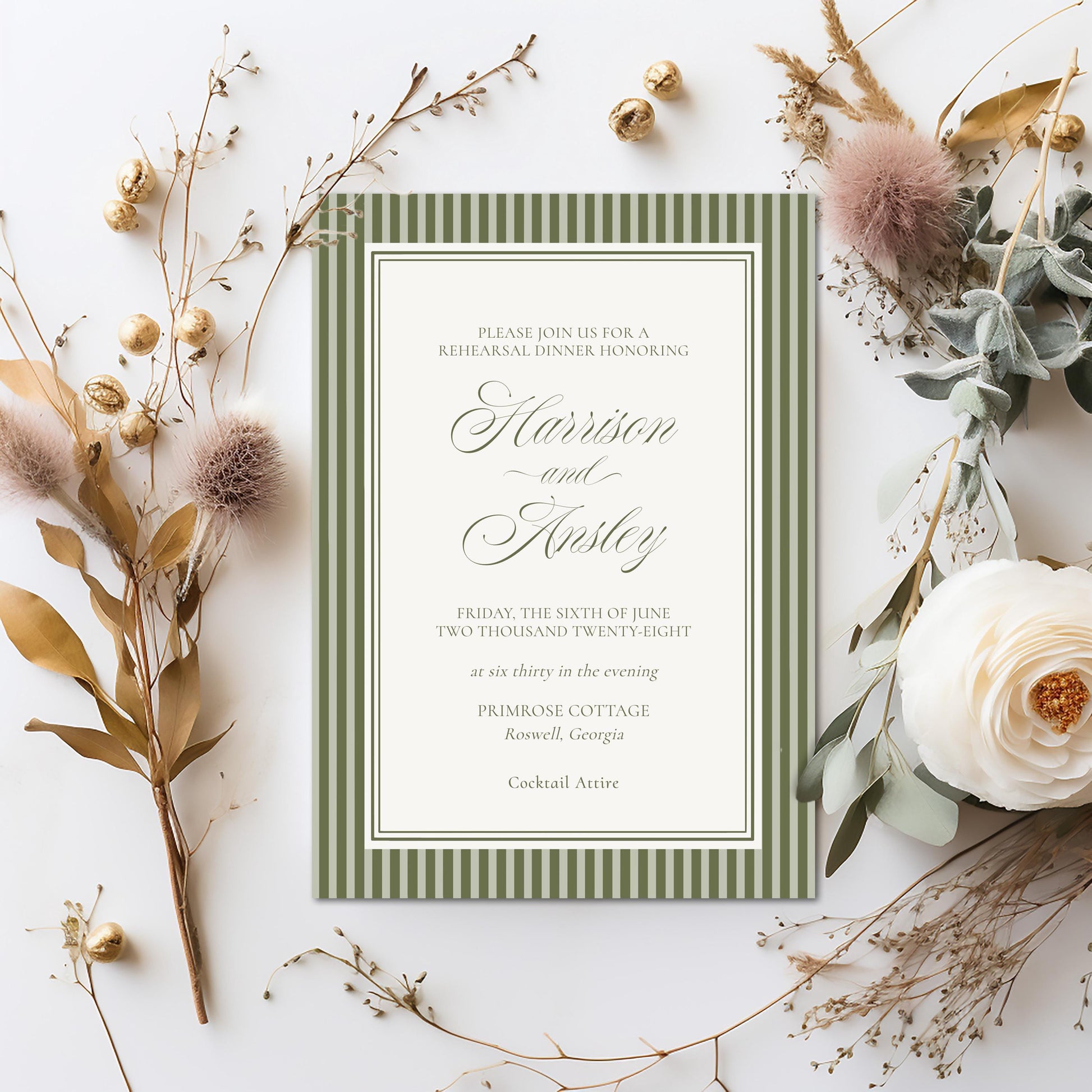 Martini Striped Rehearsal Dinner Template Bundle, Olive Green Old Money Tini Bit Closer Night Before Dinner, Modern Vintage Cocktail WP1092