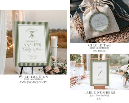 Martini Striped Baby Shower Bundle Printable Template, Olive Green Theme Baby Sprinkle, A Tini Little One Brunch with Mom to Be WP1092