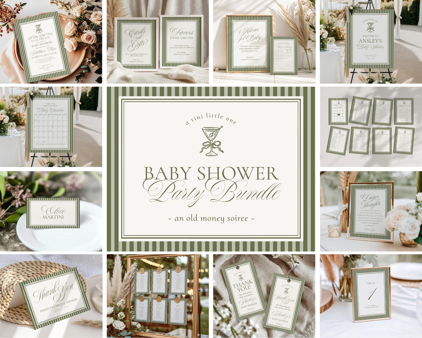 Martini Striped Baby Shower Bundle Printable Template, Olive Green Theme Baby Sprinkle, A Tini Little One Brunch with Mom to Be WP1092
