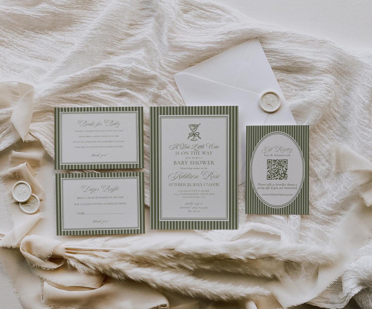 Martini Striped Baby Shower Invitation Printable Template, Olive Green Theme Baby Sprinkle, A Tini Little One Brunch with Mom to Be WP1092