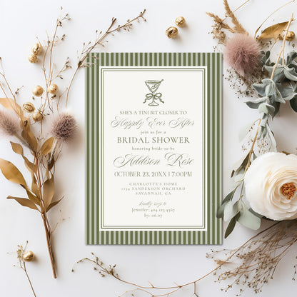 Martini Striped Bridal Shower Invitation Template, Olive Green Old Money Tini Bit Closer Bridal Brunch, Modern Vintage Brunch WP1092