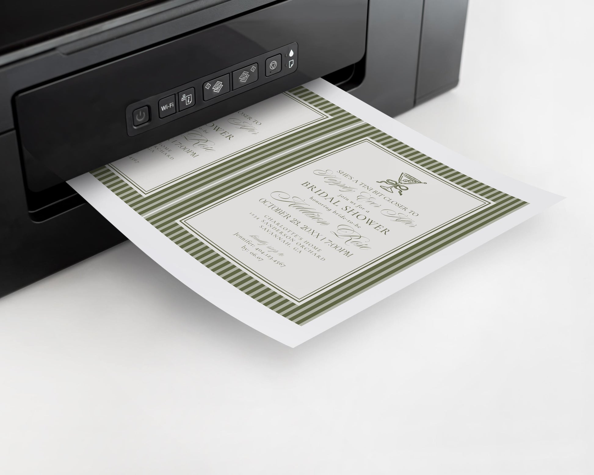 Martini Striped Bridal Shower Invitation Template, Olive Green Old Money Tini Bit Closer Bridal Brunch, Modern Vintage Brunch WP1092