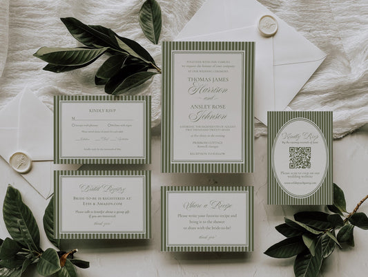 Martini Striped Wedding Invitation Template, Olive Green Old Money Wedding Ceremony Decor, Sage Modern Vintage Wedding Reception WP1092
