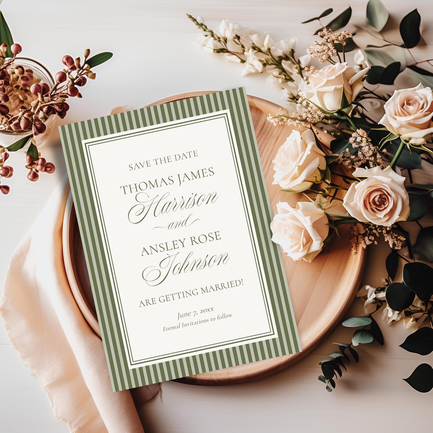 Martini Striped Save the Date Template, Olive Green Old Money Wedding Engagement Announcement, Modern Vintage Wedding WP1092