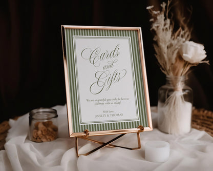 Martini Striped Cards & Gifts and Favors Sign Template, Old Money Bridal Shower, Olive Green Wedding, Vintage Night Before Rehearsal WP1092