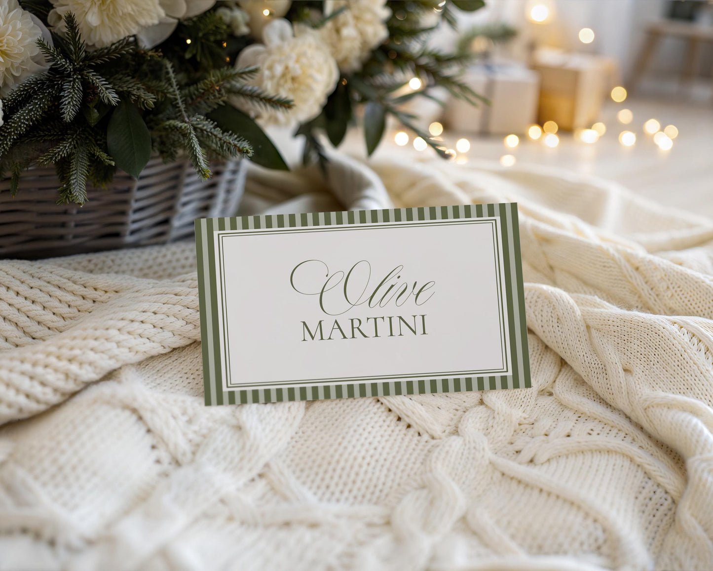 Martini Striped Place Cards Template, Old Money Bridal Shower, Olive Green Wedding, Modern Vintage Night Before Rehearsal Dinner WP1092