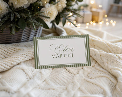 Martini Striped Place Cards Template, Old Money Bridal Shower, Olive Green Wedding, Modern Vintage Night Before Rehearsal Dinner WP1092