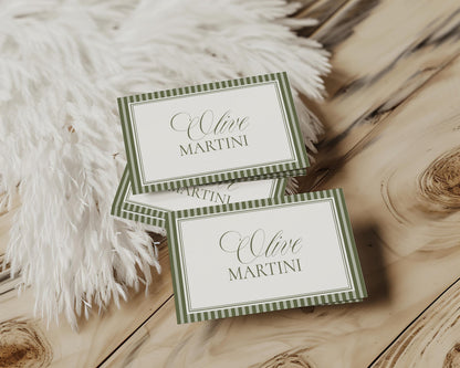 Martini Striped Place Cards Template, Old Money Bridal Shower, Olive Green Wedding, Modern Vintage Night Before Rehearsal Dinner WP1092