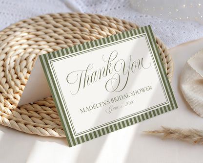 Martini Striped Thank You Card Template, Old Money Bridal Shower, Olive Green Wedding, Modern Vintage Night Before Rehearsal Dinner WP1092