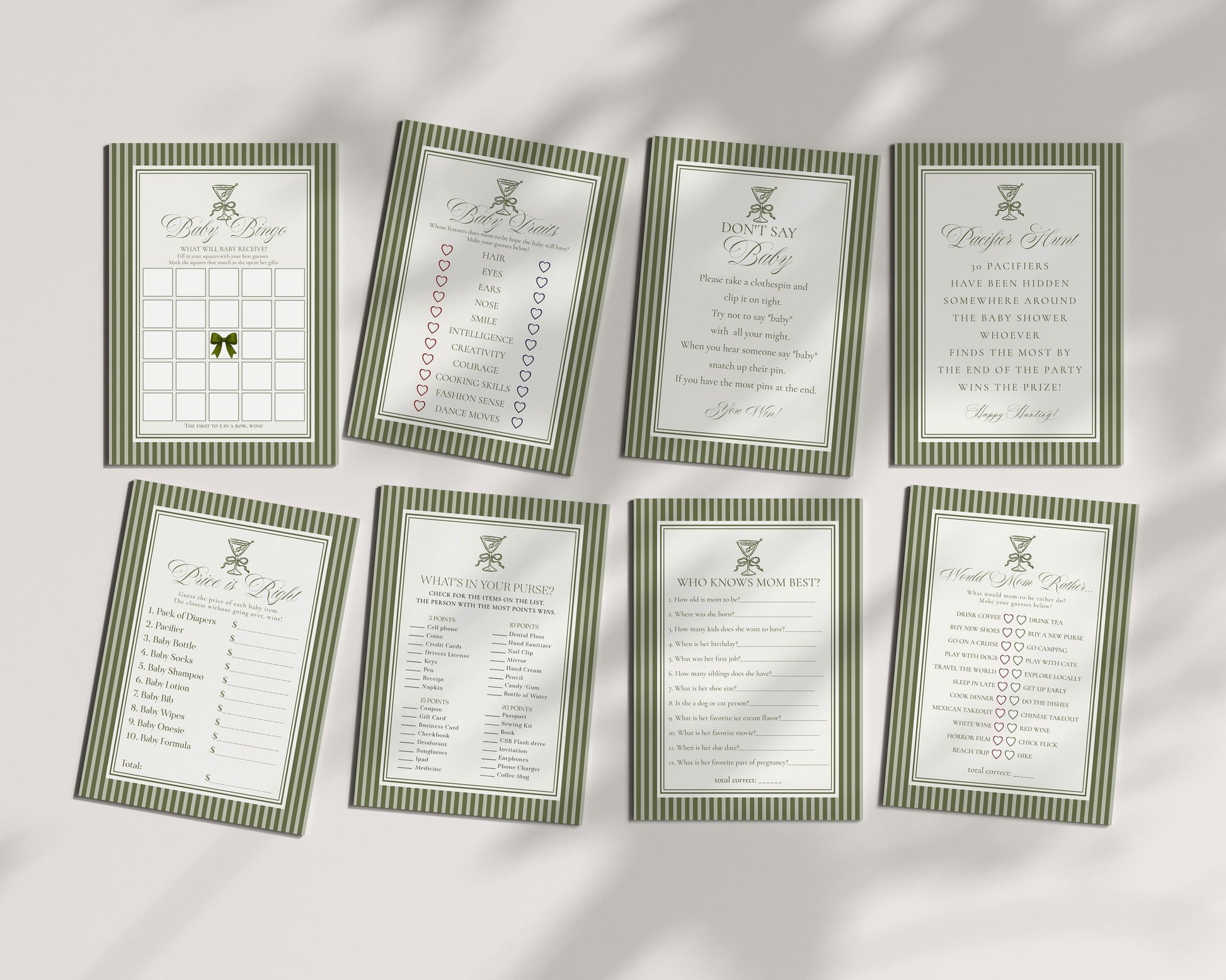 Martini Striped Baby Shower Games Template, Olive Green Theme Baby Sprinkle, A Tini Little One Brunch with Mom to Be WP1092
