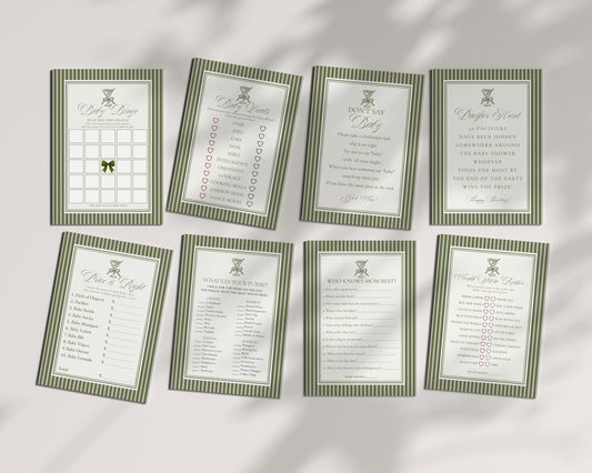 Martini Striped Baby Shower Games Template, Olive Green Theme Baby Sprinkle, A Tini Little One Brunch with Mom to Be WP1092