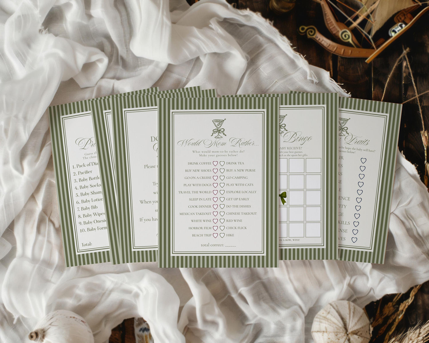 Martini Striped Baby Shower Games Template, Olive Green Theme Baby Sprinkle, A Tini Little One Brunch with Mom to Be WP1092