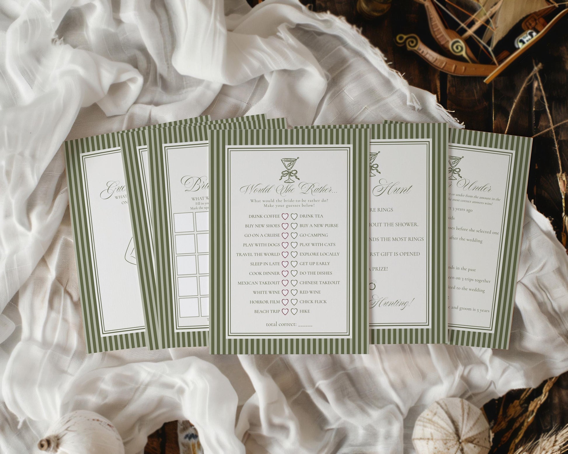 Martini Striped Bridal Shower Games Template, Olive Green Old Money Tini Bit Closer Bridal Brunch, Modern Vintage Brunch with Bride WP1092
