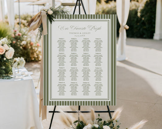 Martini Striped Seating Chart Poster Template, Old Money Bridal Shower, Olive Green Wedding, Modern Vintage Night Before Rehearsal WP1092