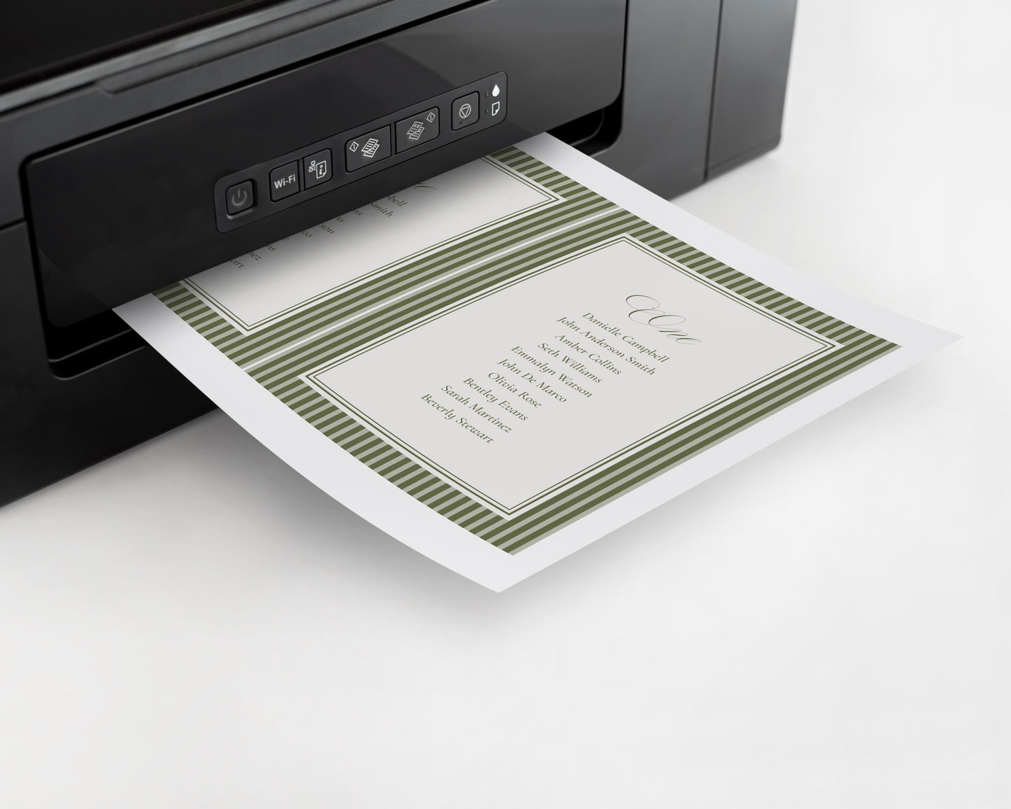 Martini Striped Seating Chart Cards Template, Old Money Bridal Shower, Olive Green Wedding, Modern Vintage Night Before Rehearsal WP1092
