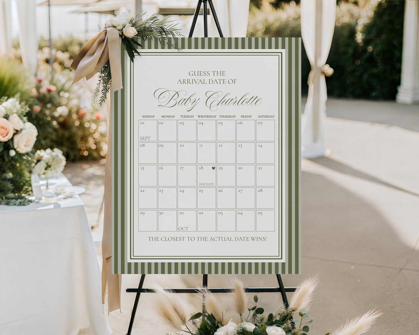 Martini Striped Baby Shower Guess the Date Game Template, Olive Green Theme Baby Sprinkle, A Tini Little One Brunch with Mom to Be WP1092