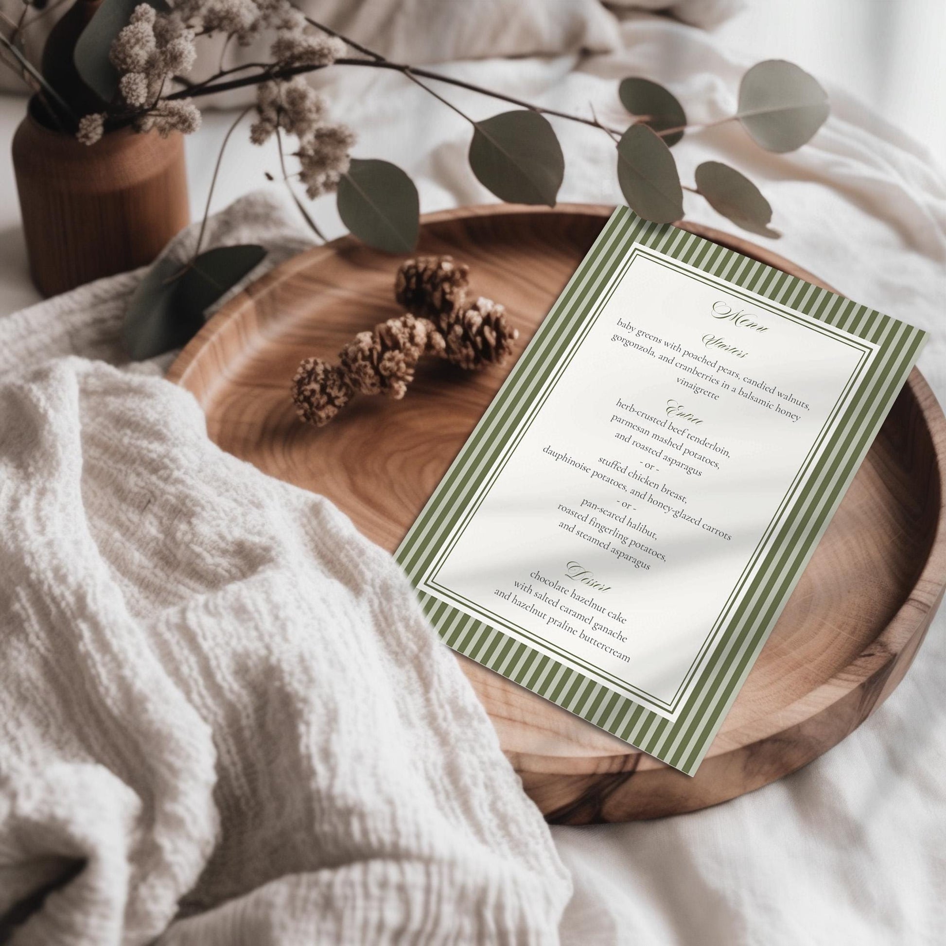 Martini Striped Menu Template, Old Money Bridal Shower, Olive Green Wedding, Modern Vintage Night Before Rehearsal Dinner WP1092