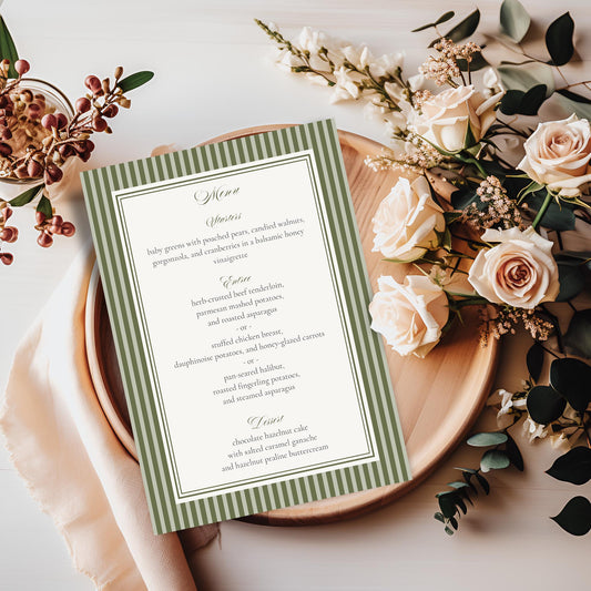 Martini Striped Menu Template, Old Money Bridal Shower, Olive Green Wedding, Modern Vintage Night Before Rehearsal Dinner WP1092