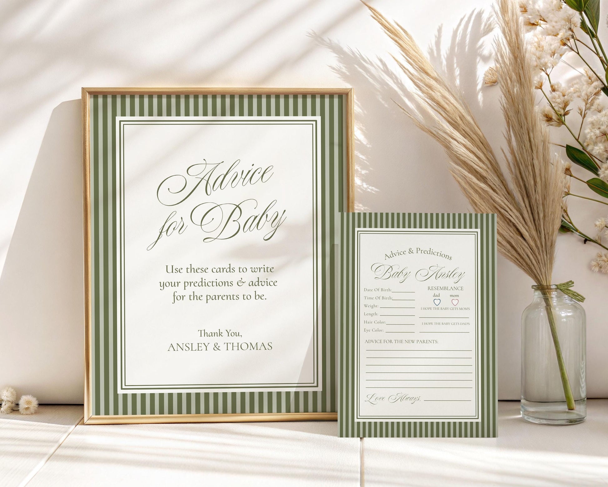 Martini Striped Advice for Baby Cards Template, Olive Green Theme Baby Sprinkle, A Tini Little One Baby Shower WP1092