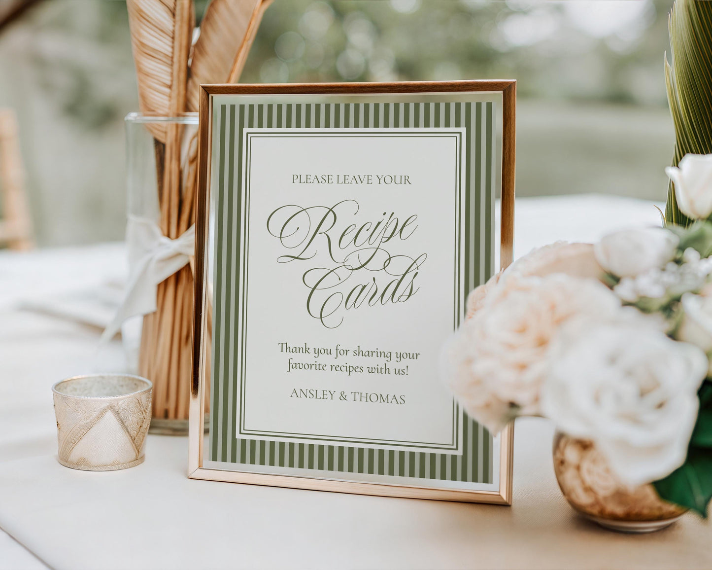 Martini Striped Recipe Card Bridal Shower Template, Olive Green Old Money Tini Bit Closer Bridal Brunch, Modern Vintage Rehearsal WP1092