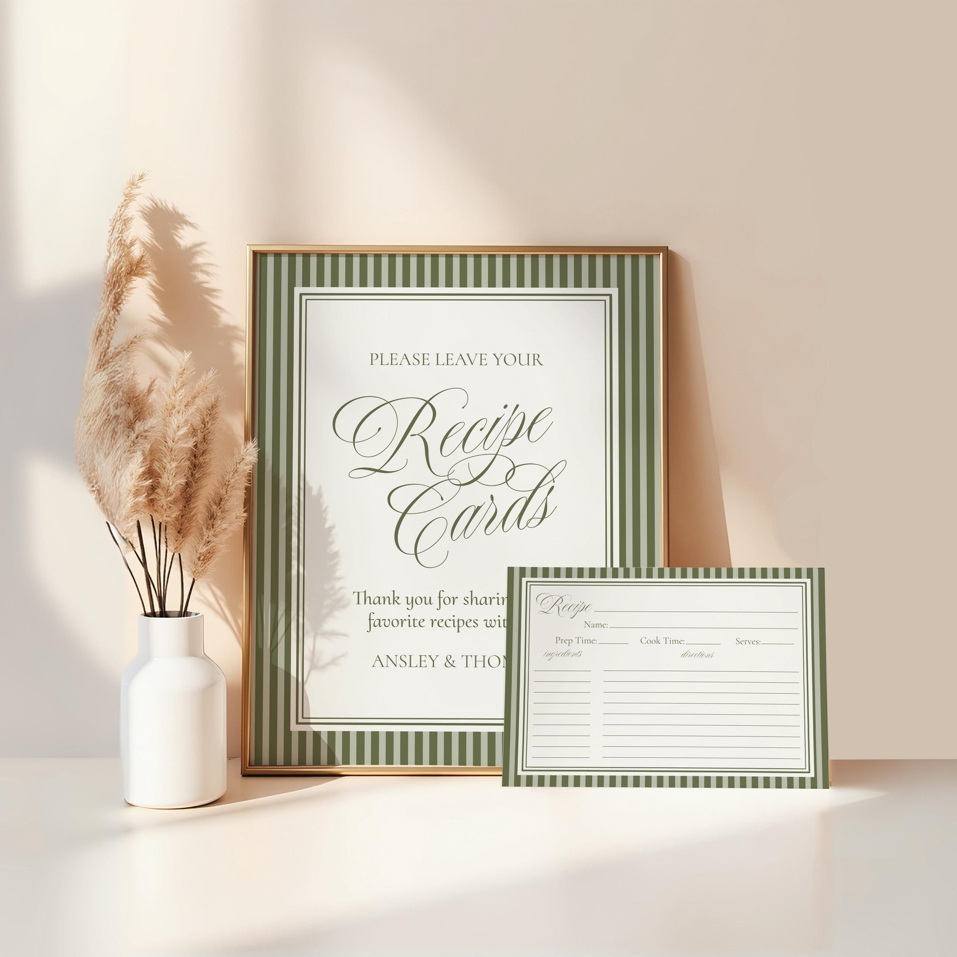 Martini Striped Recipe Card Bridal Shower Template, Olive Green Old Money Tini Bit Closer Bridal Brunch, Modern Vintage Rehearsal WP1092