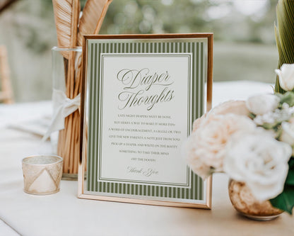 Martini Striped Baby Shower Diaper Thoughts Sign Template, Olive Green Theme Baby Sprinkle, A Tini Little One Brunch with Mom to Be WP1092
