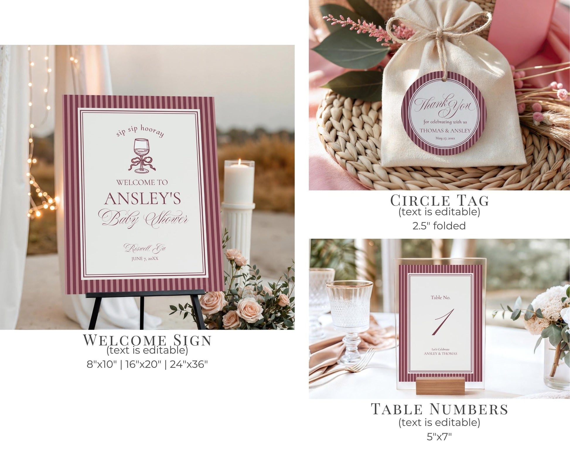 Wine Striped Baby Shower Bundle Printable Template, Burgundy Theme Baby Sprinkle, Sip Sip Hooray Brunch with Mom to Be WP1093