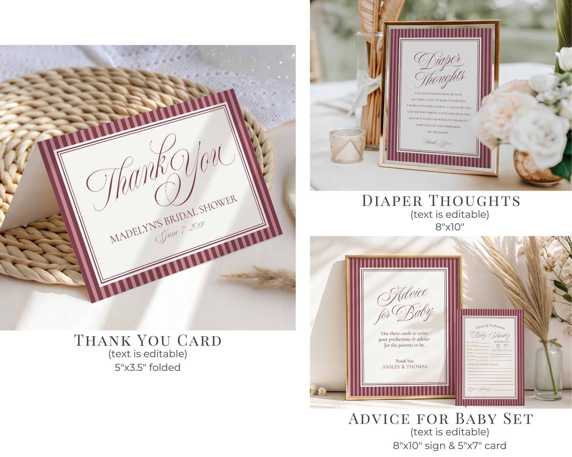 Wine Striped Baby Shower Bundle Printable Template, Burgundy Theme Baby Sprinkle, Sip Sip Hooray Brunch with Mom to Be WP1093