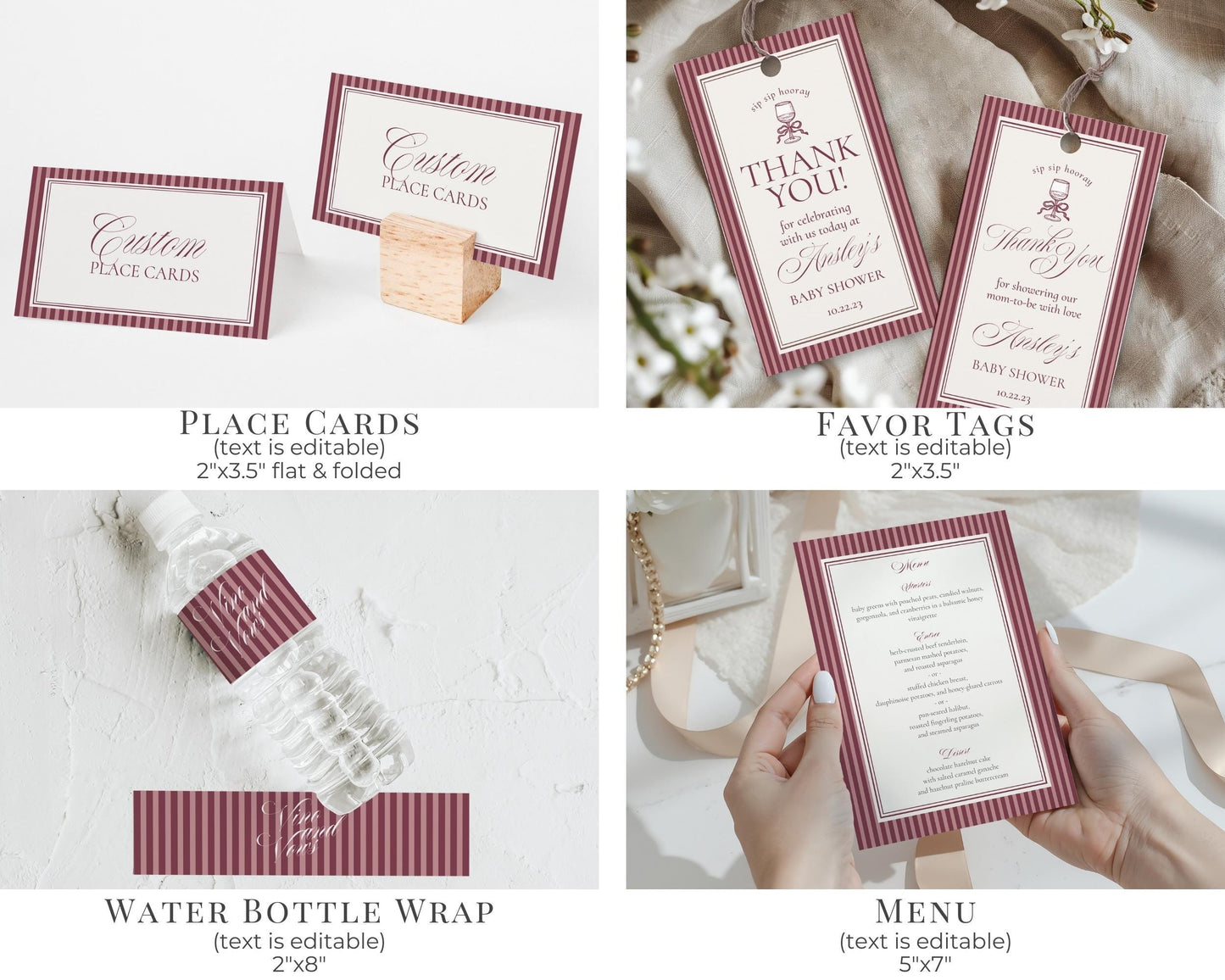 Wine Striped Baby Shower Bundle Printable Template, Burgundy Theme Baby Sprinkle, Sip Sip Hooray Brunch with Mom to Be WP1093
