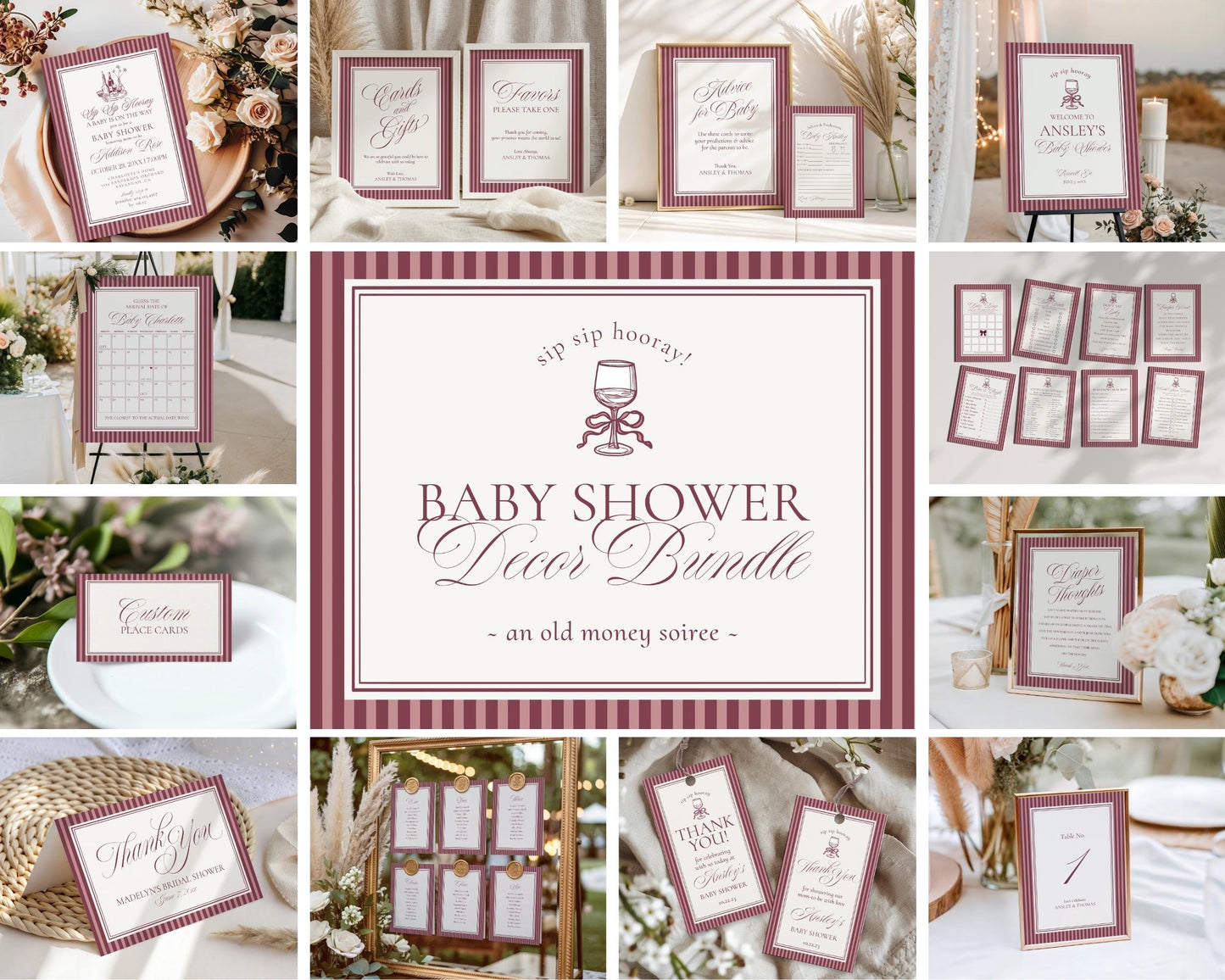 Wine Striped Baby Shower Bundle Printable Template, Burgundy Theme Baby Sprinkle, Sip Sip Hooray Brunch with Mom to Be WP1093