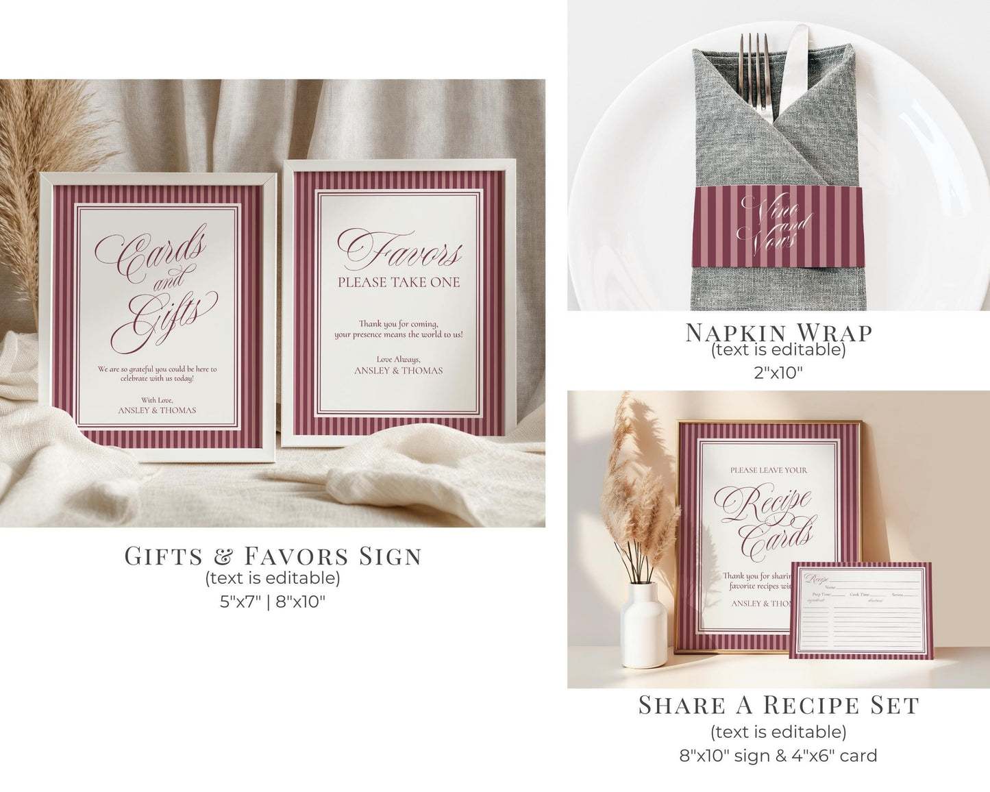 Wine Striped Rehearsal Dinner Template Bundle, Burgundy Old Money Vino and Vows Night Before Dinner, Modern Vintage Cocktail Theme WP1093