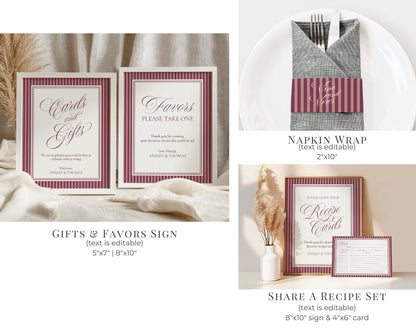 Wine Striped Rehearsal Dinner Template Bundle, Burgundy Old Money Vino and Vows Night Before Dinner, Modern Vintage Cocktail Theme WP1093