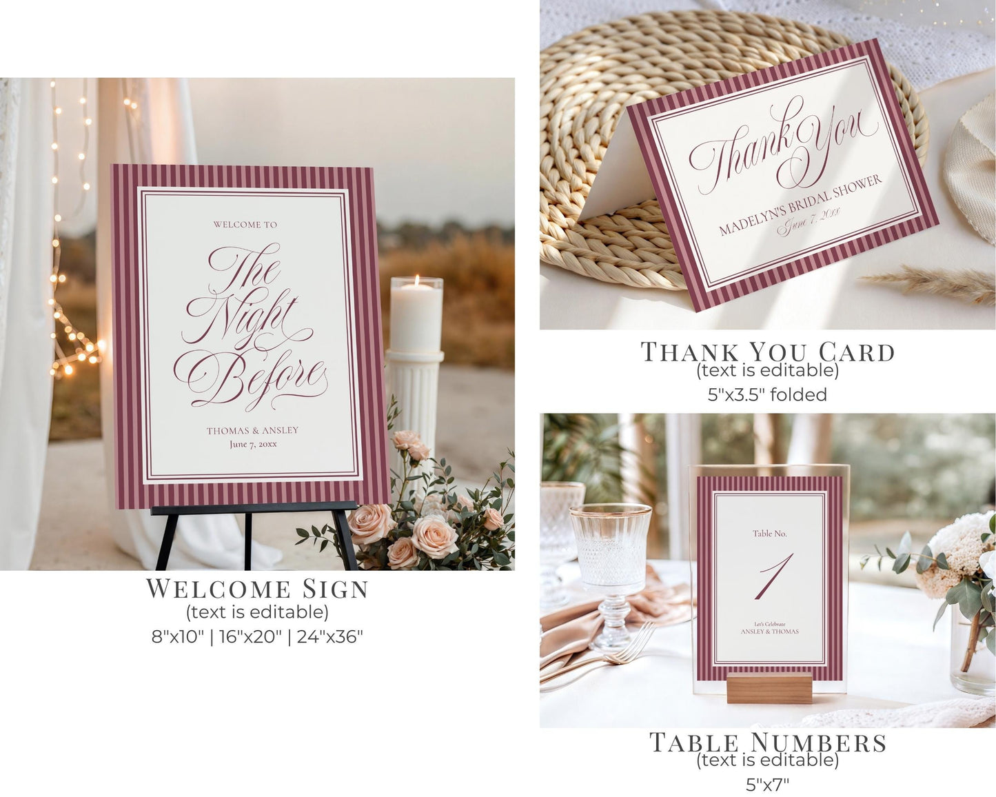 Wine Striped Rehearsal Dinner Template Bundle, Burgundy Old Money Vino and Vows Night Before Dinner, Modern Vintage Cocktail Theme WP1093
