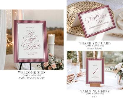 Wine Striped Rehearsal Dinner Template Bundle, Burgundy Old Money Vino and Vows Night Before Dinner, Modern Vintage Cocktail Theme WP1093