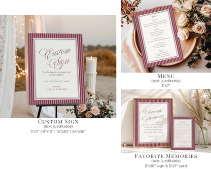 Wine Striped Rehearsal Dinner Template Bundle, Burgundy Old Money Vino and Vows Night Before Dinner, Modern Vintage Cocktail Theme WP1093