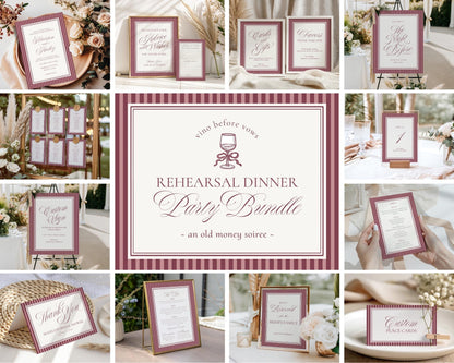 Wine Striped Rehearsal Dinner Template Bundle, Burgundy Old Money Vino and Vows Night Before Dinner, Modern Vintage Cocktail Theme WP1093
