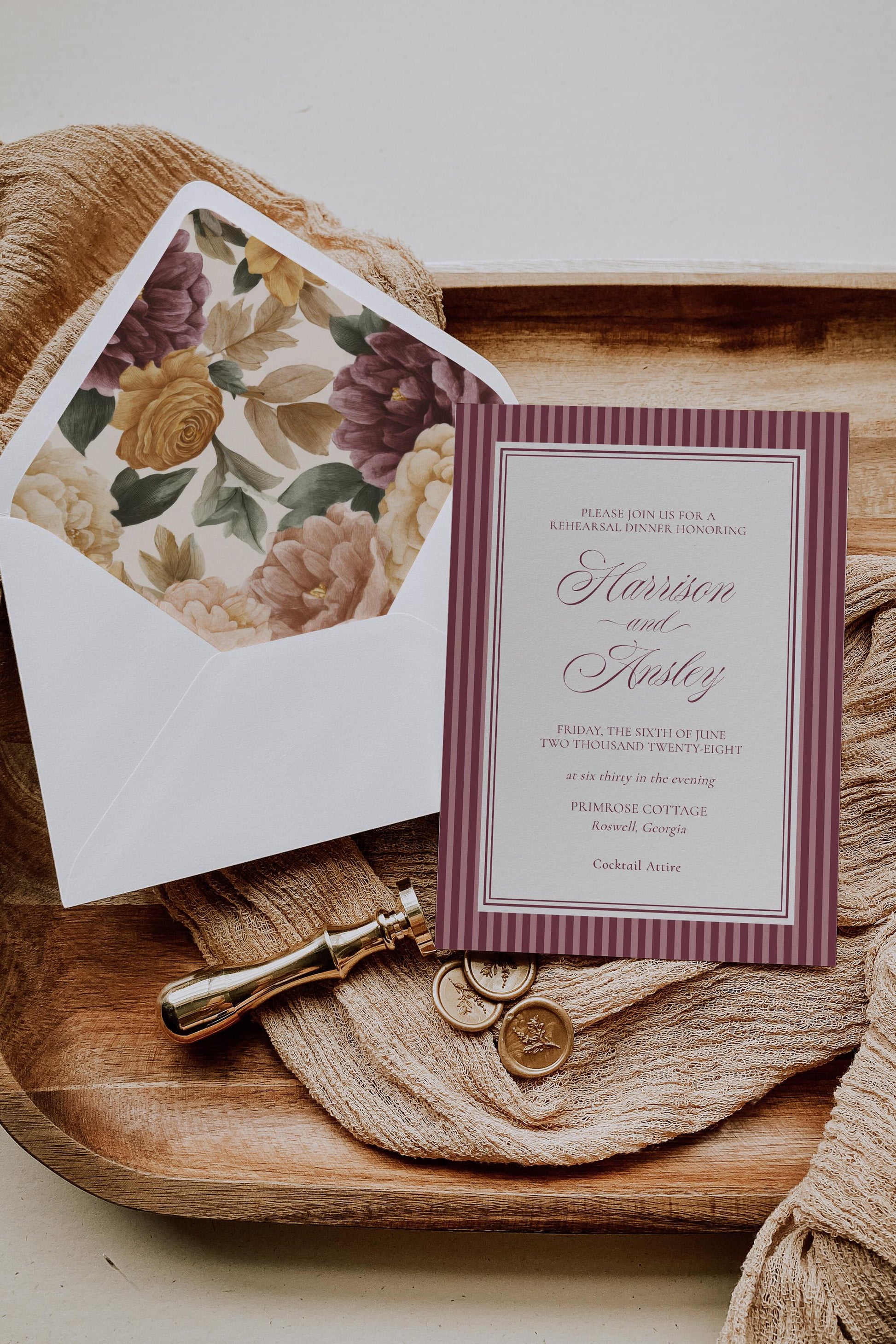 Wine Striped Rehearsal Dinner Template Bundle, Burgundy Old Money Vino and Vows Night Before Dinner, Modern Vintage Cocktail Theme WP1093