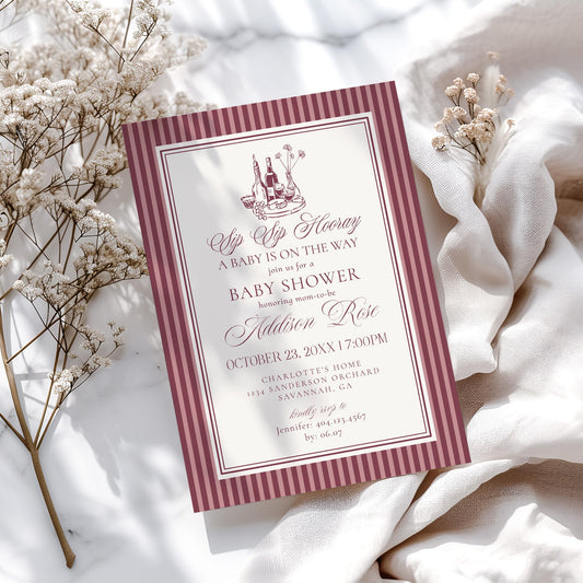 Wine Striped Baby Shower Invitation Printable Template, Burgundy Theme Baby Sprinkle, Sip Sip Hooray Brunch with Mom to Be WP1093