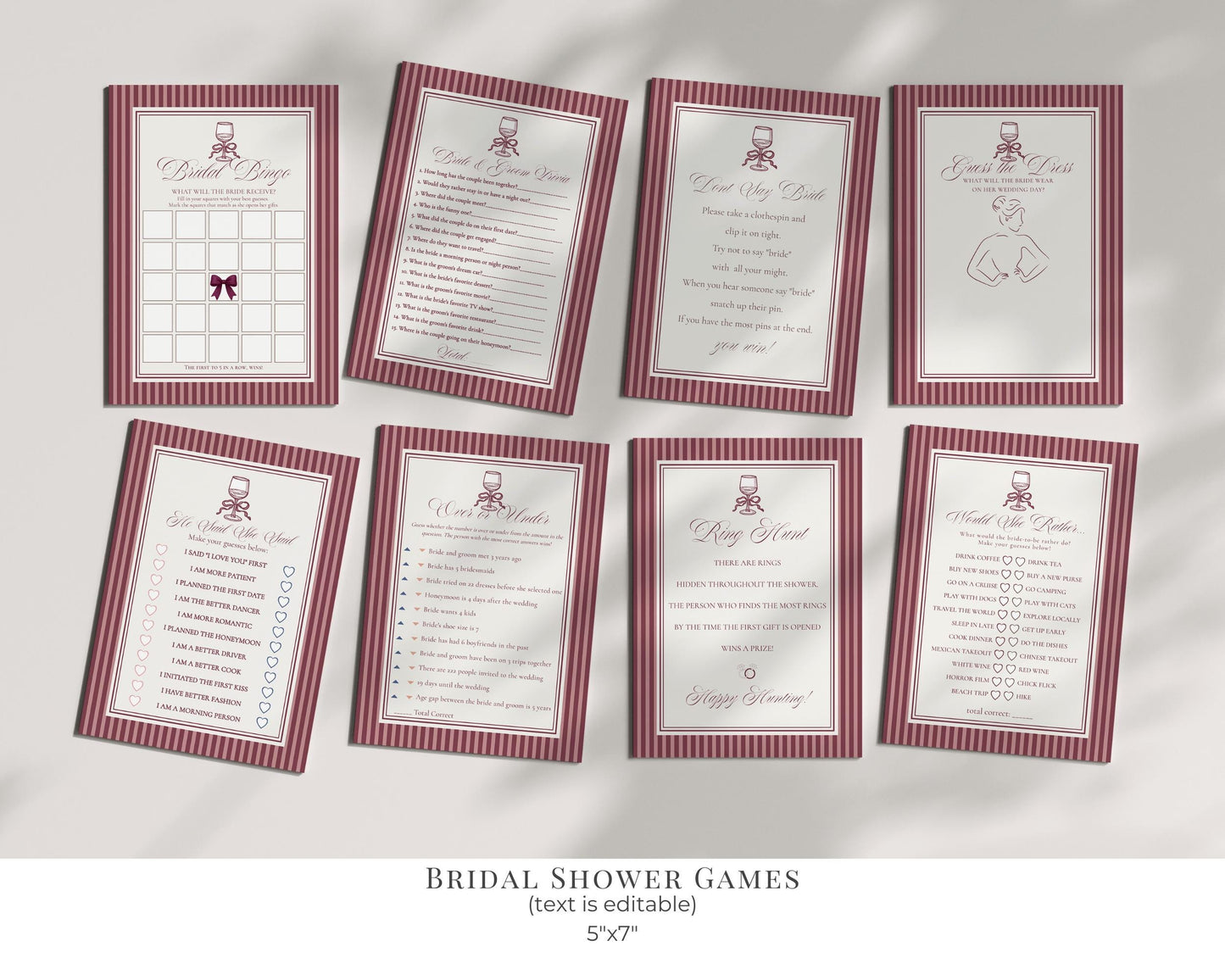 Wine Striped Bridal Shower Template Bundle, Burgundy Old Money Vino Before Vows Bridal Brunch, Modern Vintage Brunch with Bride WP1093
