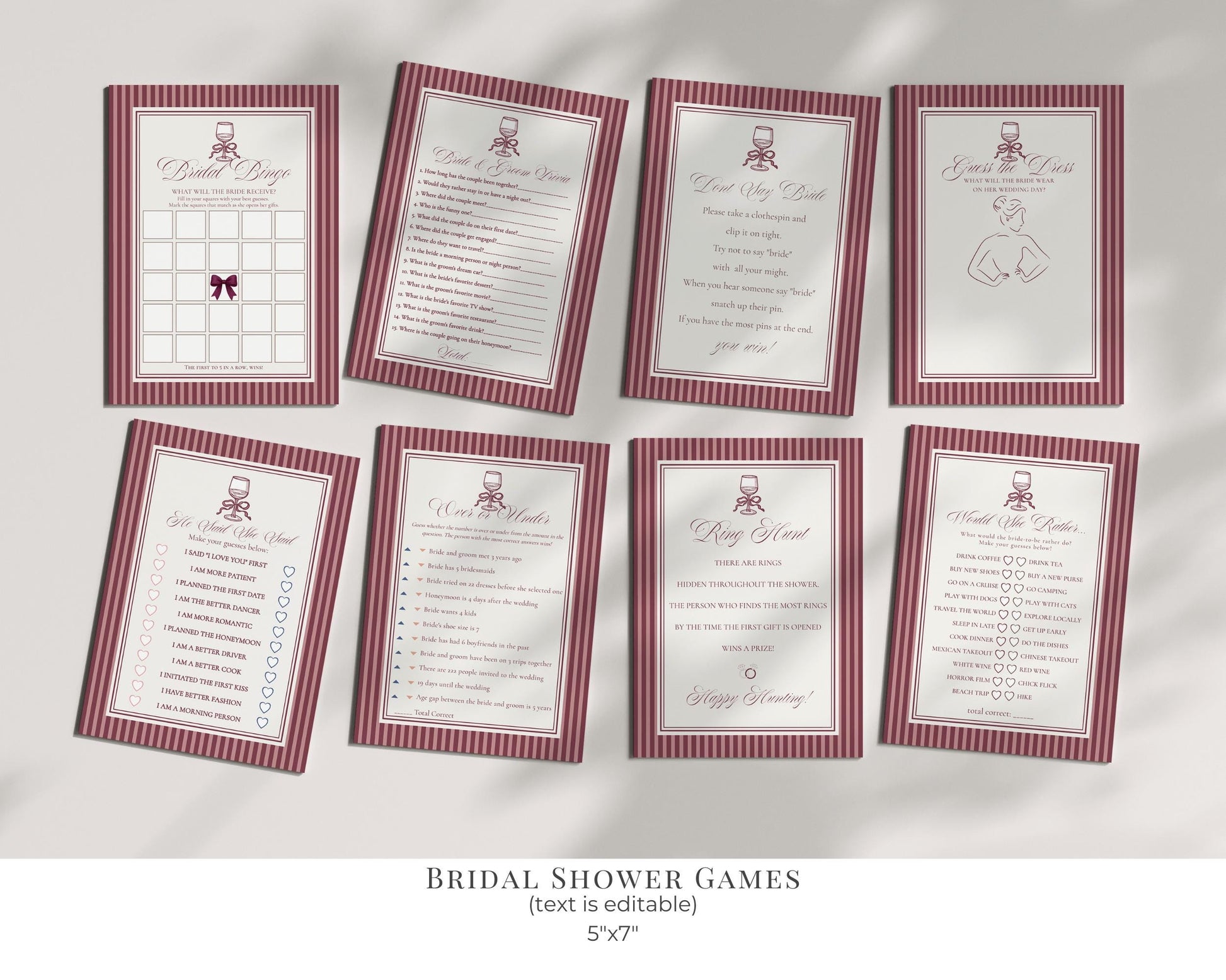 Wine Striped Bridal Shower Template Bundle, Burgundy Old Money Vino Before Vows Bridal Brunch, Modern Vintage Brunch with Bride WP1093