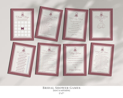 Wine Striped Bridal Shower Template Bundle, Burgundy Old Money Vino Before Vows Bridal Brunch, Modern Vintage Brunch with Bride WP1093