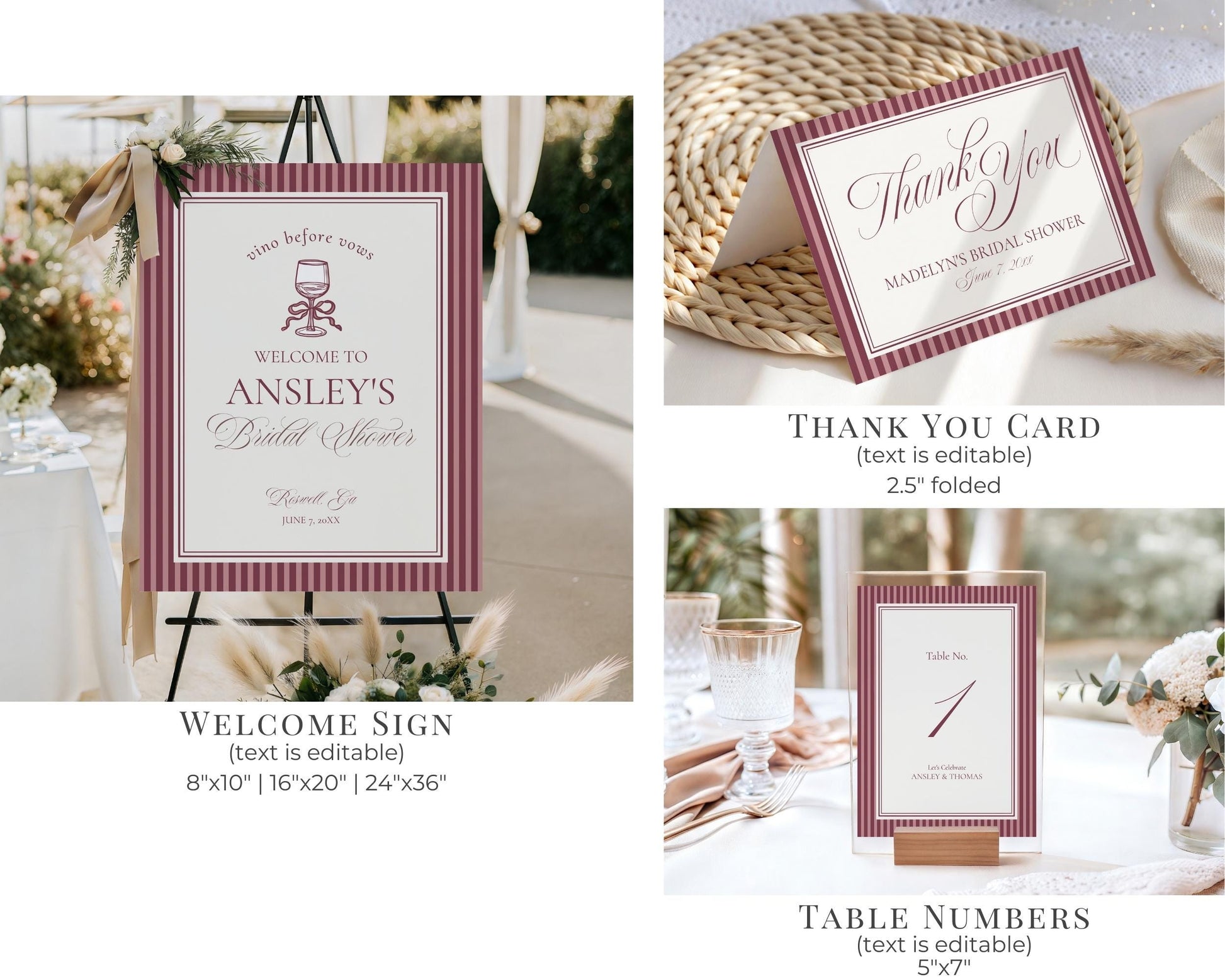 Wine Striped Bridal Shower Template Bundle, Burgundy Old Money Vino Before Vows Bridal Brunch, Modern Vintage Brunch with Bride WP1093