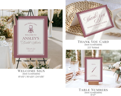 Wine Striped Bridal Shower Template Bundle, Burgundy Old Money Vino Before Vows Bridal Brunch, Modern Vintage Brunch with Bride WP1093